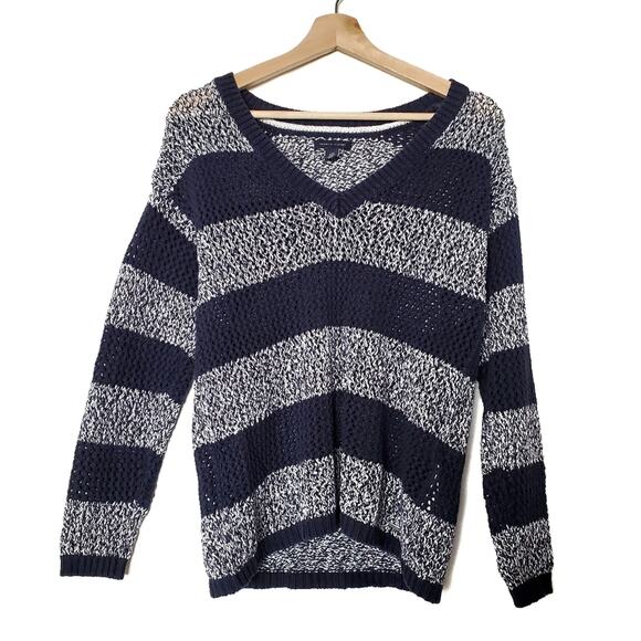 Tommy Hilfiger | Linen Blend Crochet Knit Horizontal Striped V-Neck Sweater - Picture 1 of 6
